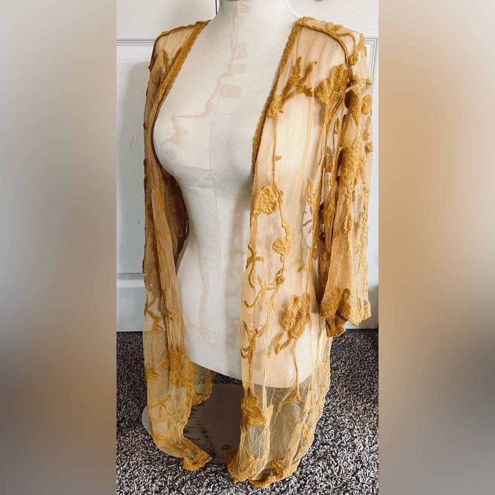 Sheer Gold Yellow Embroidered Floral Kimono Cardigan bohemian layering